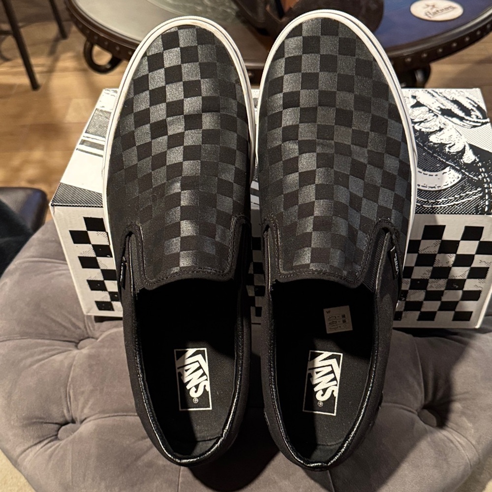 Vans Men's Black and Gray Checkered Slip-On Sneakers